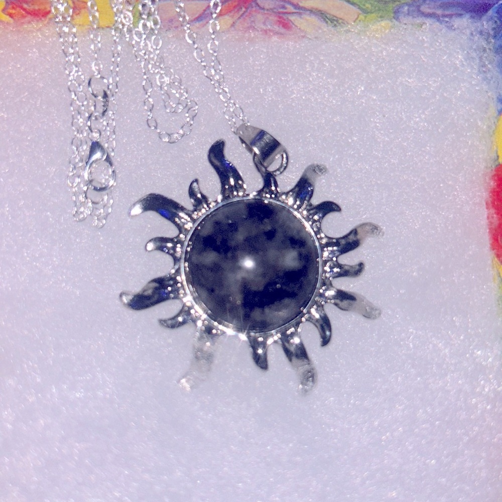 Boho hippie Larvikite Crystal Sun Sterling Silver Necklace 24”